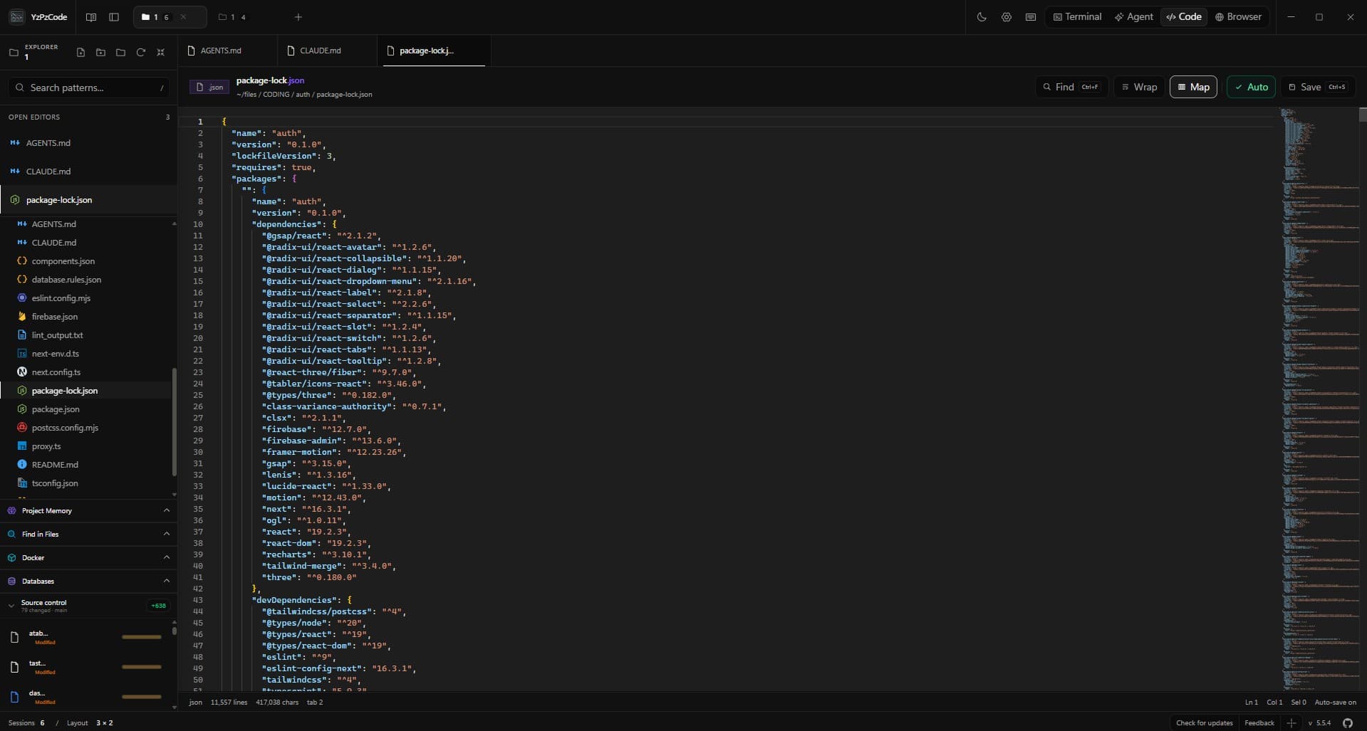 YzPzCode editor with the project explorer and source control panel